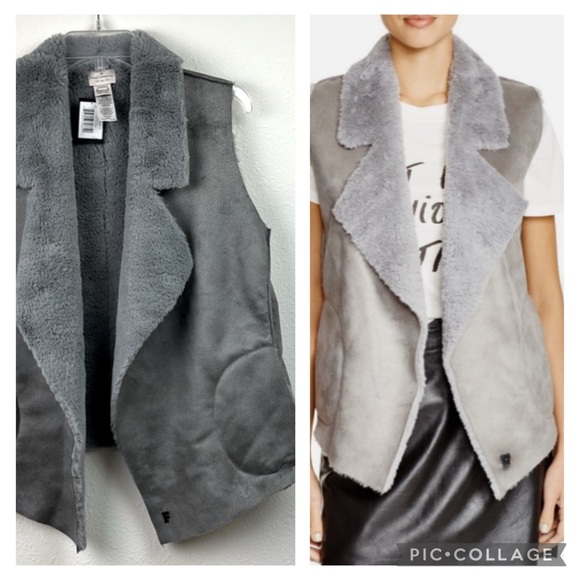 NWT French Connection reversible gray Rhonda faux fur shearling pockets - Picture 1 of 9